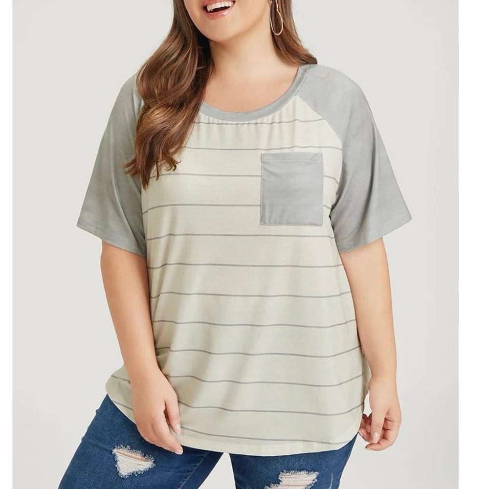 Plus Size 22 24 3x by BloomChic Striped Patched Pocket Raglan Sleeve T Shirt top